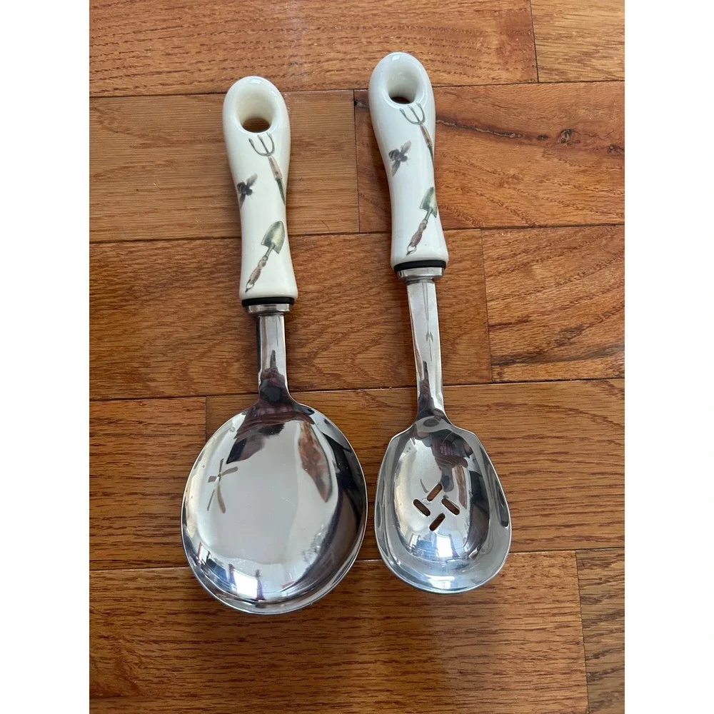 Garden Theme Ceramic Handle Stainless Steel Serving Spoon and Slotted Spoon Set